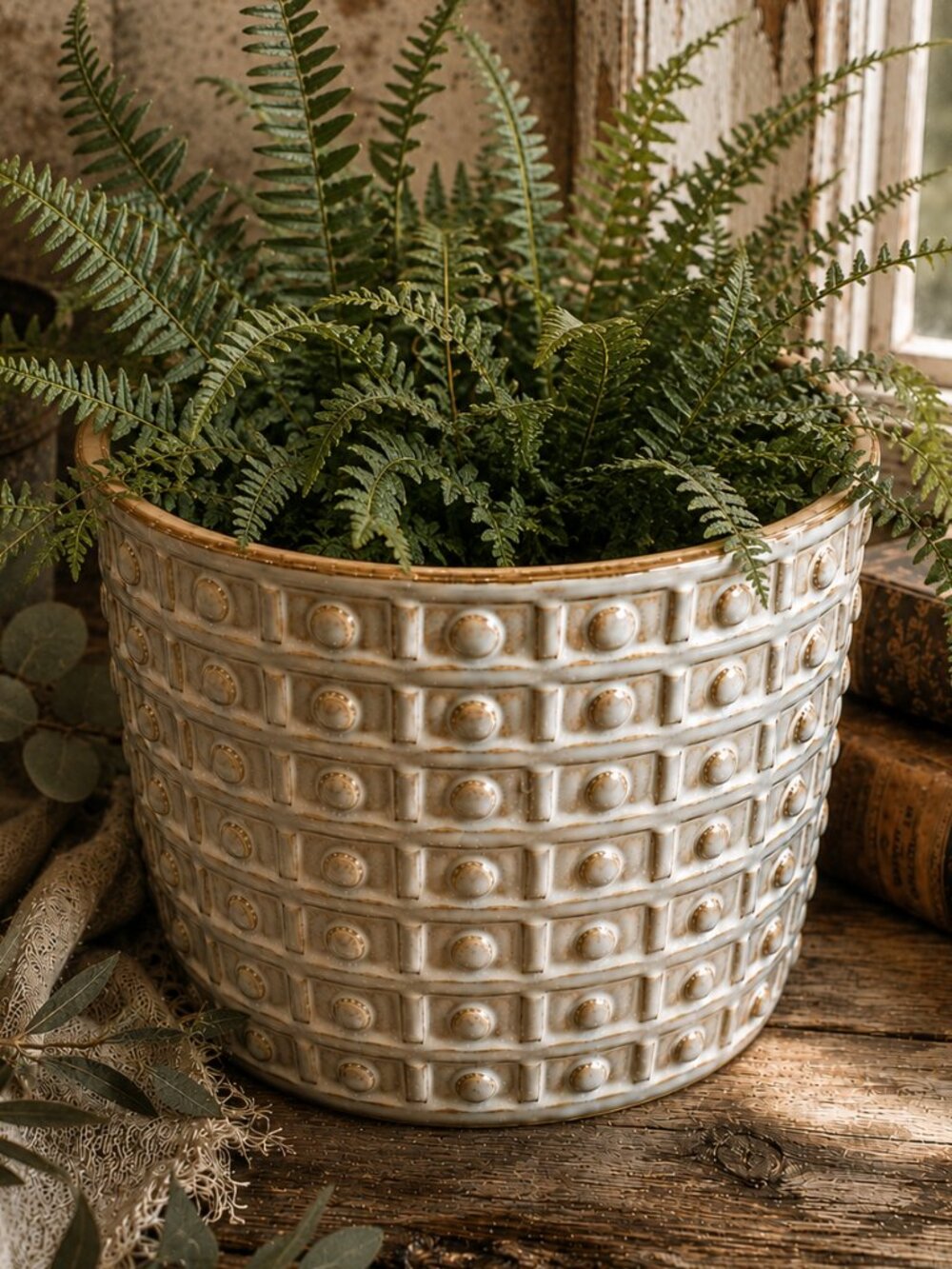 New Ceramic Textured Beaded Flower Herbs Planter Pot With Wood Stand